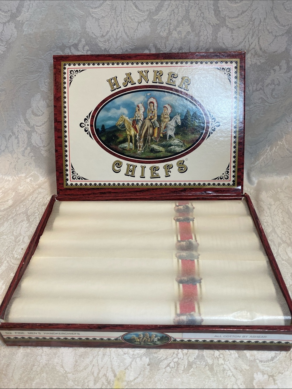 Vintage Ashear Hanker Chiefs Decorative Cigar Box six fine cotton handkerchiefs